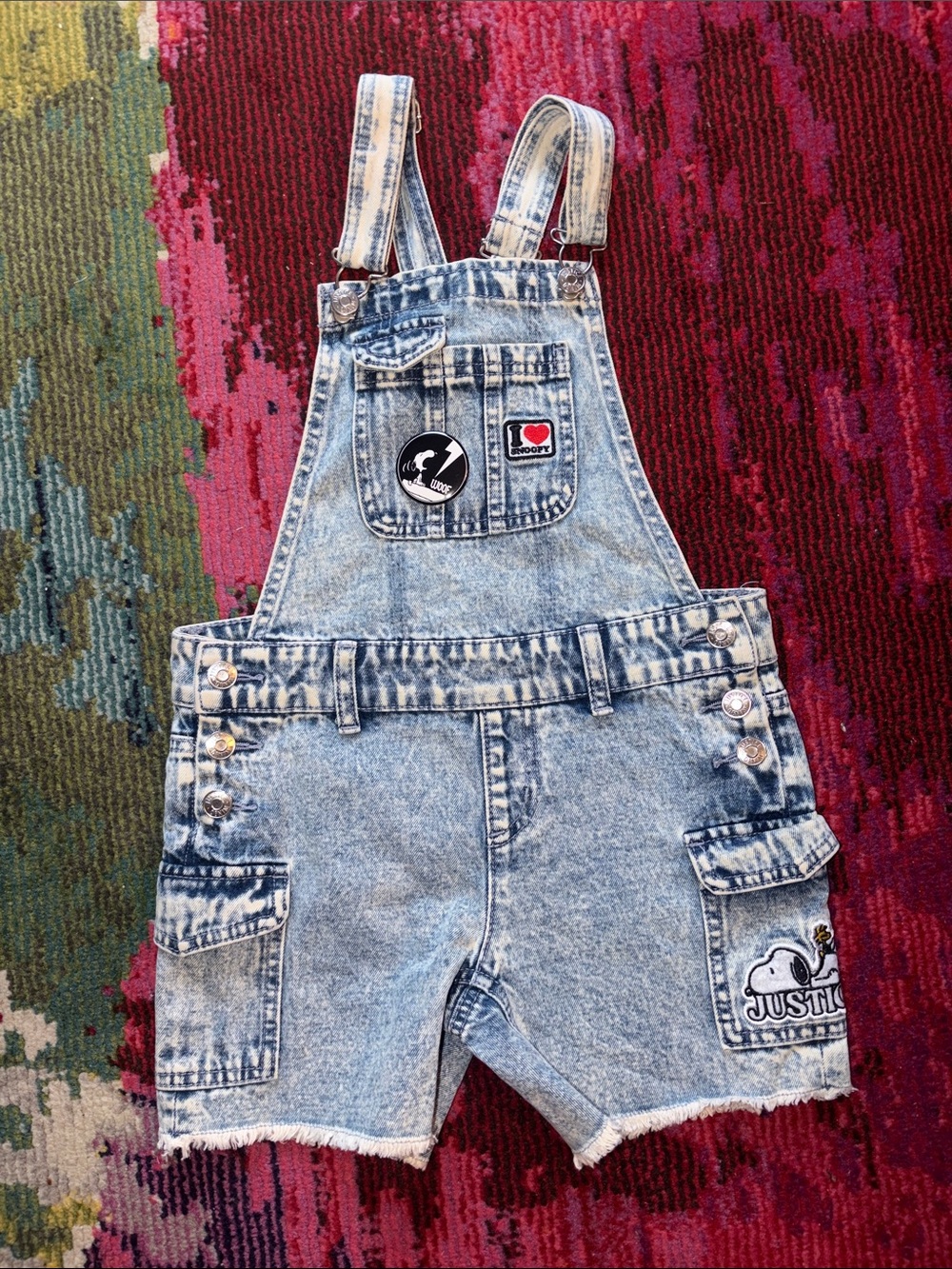 Justice Snoopy Light Blue Acid Wash Denim Short Overalls with Patch Details